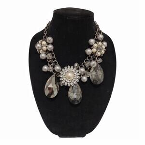 Chunky Statement Necklace Faux Smoky Crystal Teardrops Costume Jewelry Pearls